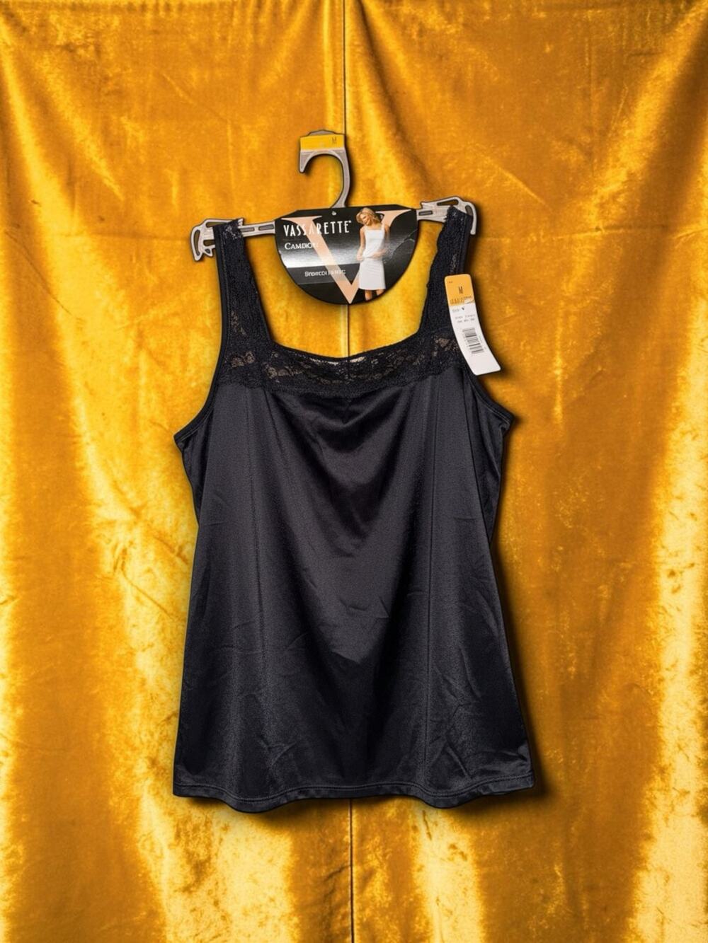 NWT Vassarette Black Lace Trim Microfiber Camisole Top M Square Neck Coquette